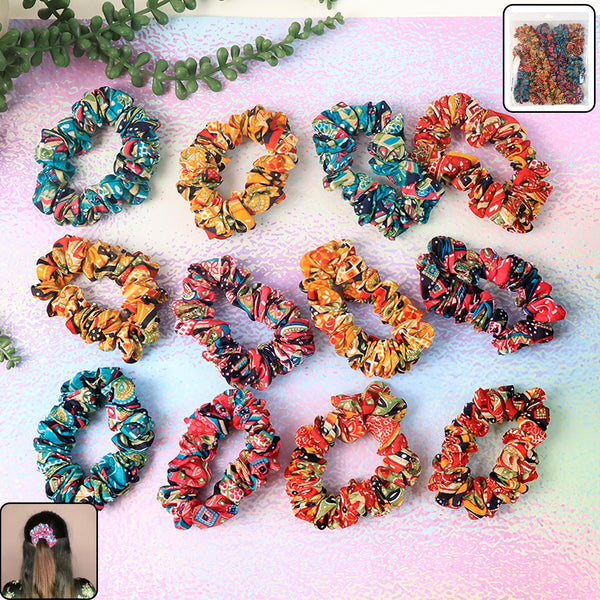 Set of 12 printed fabric hair scrunchies with various vibrant patterns