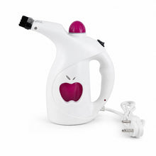 A white and pink handheld steamer with an apple logo, brush head, and power cord on a white background.