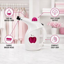 A white and pink handheld steamer with an apple logo, highlighting its 180ml water tank, fast steam output, fabric brush