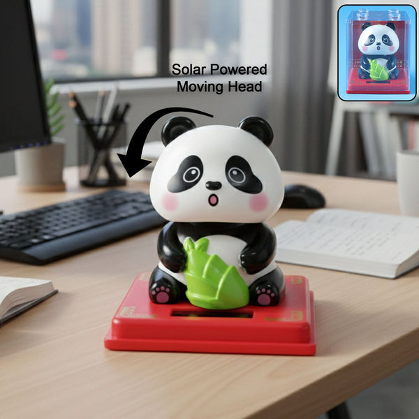 Solar powered moving head panda showpiece on red base