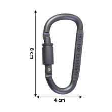 A dark grey D-ring carabiner with a screw lock is shown with measurements of 8 cm length and 4 cm width.