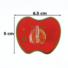 A red apple-shaped hook with gold Chinese characters and a dragon design is shown with dimensions 6.5 cm by 5 cm.