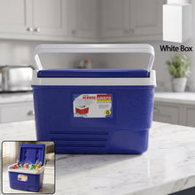 Close-up of blue 6 litre insulated ice cooler with lid