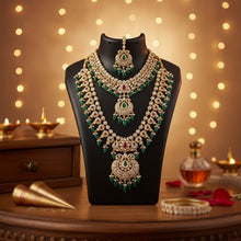 Black necklace display stand with necklace displayed on it in India showroom