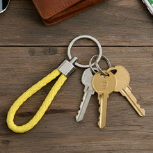 Close-up of a braided loop keychain with sturdy metal ring