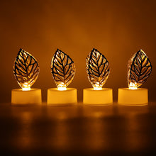 Side view of a golden leaf LED candle, demonstrating its battery compartment and on/off switch.