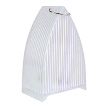 A single unlit transparent arch stripe LED candle with a silver ring on top, showing its ribbed texture on a white