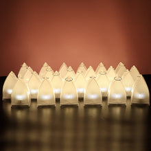 Twenty-four transparent arch stripe LED candles with a subtle glow, arranged in rows against a light pink background.