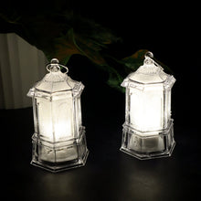 Two clear plastic lanterns with bright LED lights glow warmly in a dark setting, with a hint of green foliage.