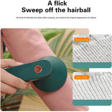 A hand uses a dark green lint remover on a pink sleeve, with before and after close-ups of fabric texture showing lint