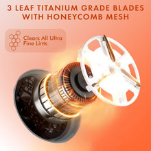 An exploded diagram showing the internal components of the lint remover, including titanium blades and honeycomb mesh.