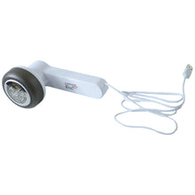A white and dark grey fabric lint remover with a white USB cable, displayed against a plain white background.