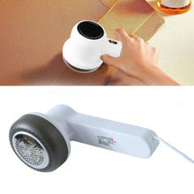 A split image showing the lint remover in use on a brown fabric, and a separate view of the device itself.