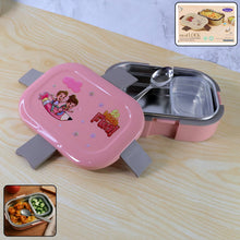 Vibrant cartoon kids lunch box with stainless steel inner tray and bonus snack pot.
