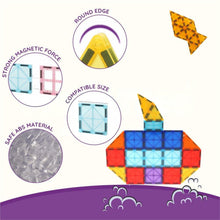 Closeup of snap-together magnetic building tiles in bright colors