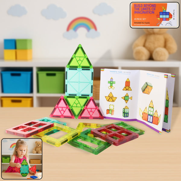 16-piece magnetic building tiles in colorful transparent squares and triangles