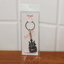 Display of Mahakal Trishul Damru metal keychain showing craftsmanship