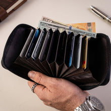 Man carrying zip-around card holder wallet comfortably in pocket