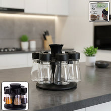 Revolving plastic spice rack with 8 transparent jars for organized kitchen storage