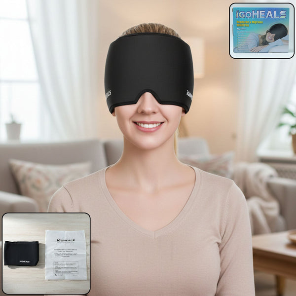 Hot & cold therapy headache relief cap providing full forehead and eye coverage