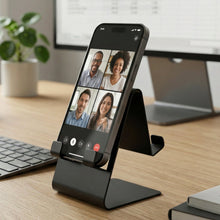 Folded black metal mobile stand, portable and compact