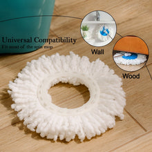 White microfiber mop head on a wooden floor, with insets showing it cleaning a wall and under furniture.