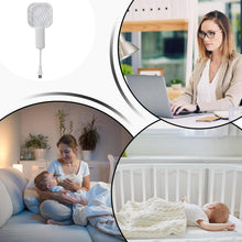 A collage of three circular images: a woman working on a laptop, a mother feeding a baby, and a baby sleeping in a crib. A