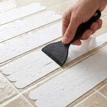 Easy-to-apply transparent bath safety strips with scraper tool