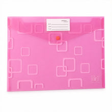 A closed pink plastic document folder with a button closure and a white label, on a white background.