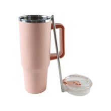 Pink travel tumbler with ergonomic side handle