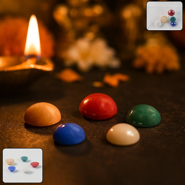 Five auspicious Panch Ratna gemstones displayed on a clean white background.