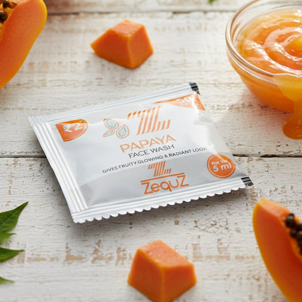 Papaya face wash sachet showing gentle cleansing foam