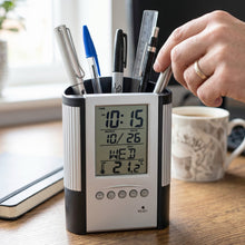 Office desk organizer with digital clock and stationery