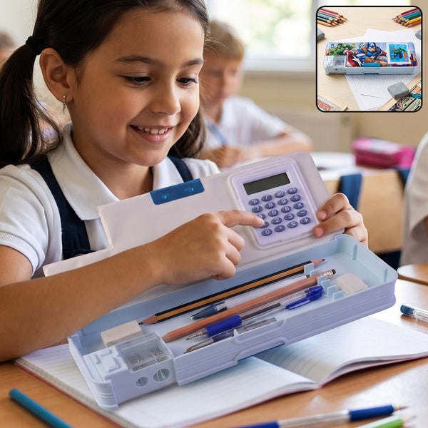 A smiling girl in a school uniform using a light blue Avengers pencil box with a built-in calculator and sharpener.