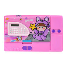 Closed pink space-themed pencil box with a calculator and astronaut graphic on a white background.