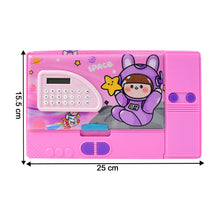Closed pink space-themed pencil box with a calculator and astronaut graphic, showing dimensions of 25cm by 15.5cm.