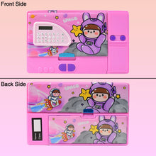 Front and back views of the pink space-themed pencil box, showing the calculator and a name tag area.
