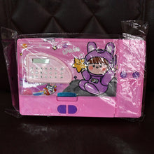 Pink space-themed multifunction pencil box displaying its built-in calculator.