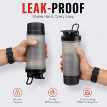 Two hands hold grey and black shaker bottles, one upright and one inverted, with 