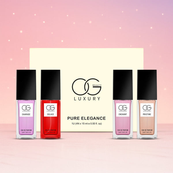 Pure Elegance Eau De Parfum gift set featuring 4 travel-size unisex perfume bottles