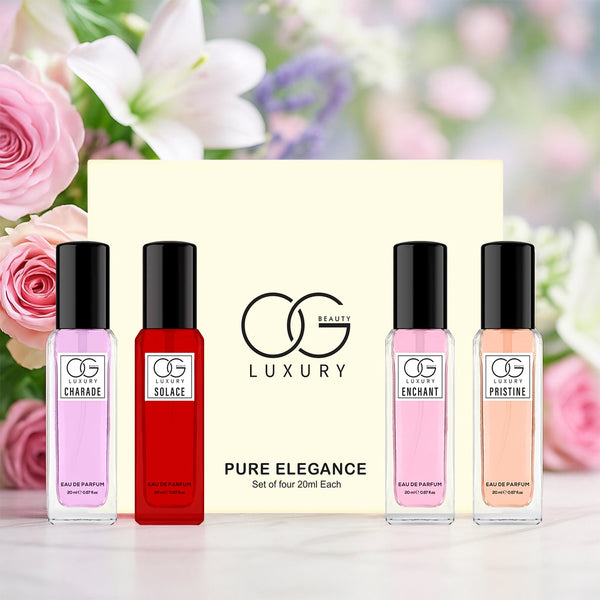 Pure Elegance Eau De Parfum Gift Set showing four sleek 20ml unisex fragrance bottles