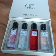 Four Pure Elegance Eau De Parfum 20ml bottles arranged together for display