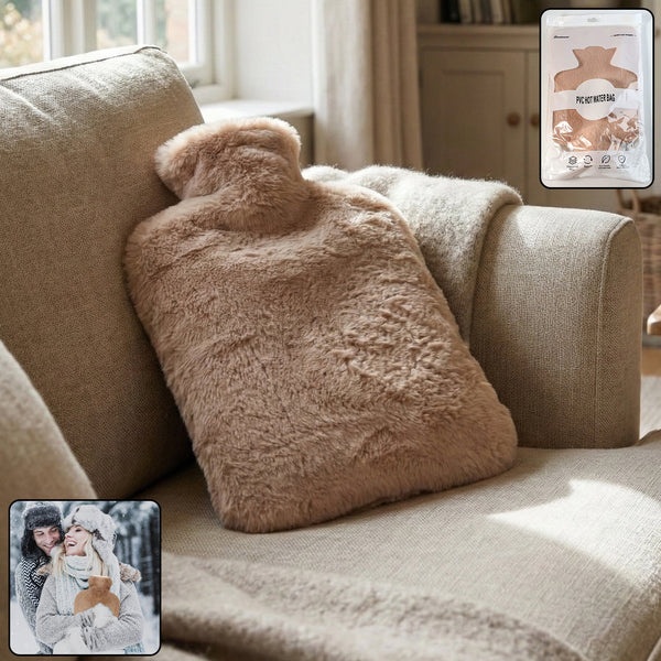 PVC hot water bag with soft fur cover for pain relief and warmth