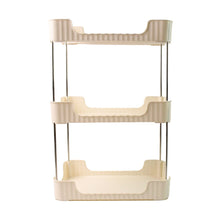 Compact plastic tier shelf with metal rods for corner storage
