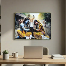 Spiritual Radha Krishna village scene wall art panel