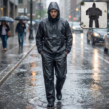 Unisex waterproof EVA rain coat set with hooded jacket and matching pants.