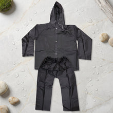 Lightweight and reusable rain jacket and pant set for outdoor activities.