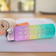 Close-up of the Motivational Water Bottle's time markers and inspiring slogans for daily hydration tracking.