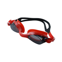 Side view of red swimming goggles with adjustable strap