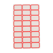 Single sheet showing multiple red and white self-adhesive rectangular label stickers